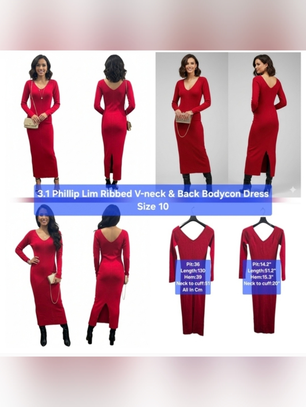 3.1 Phillip Lim Ribbed V-neck & Back Bodycon Dress Size 10